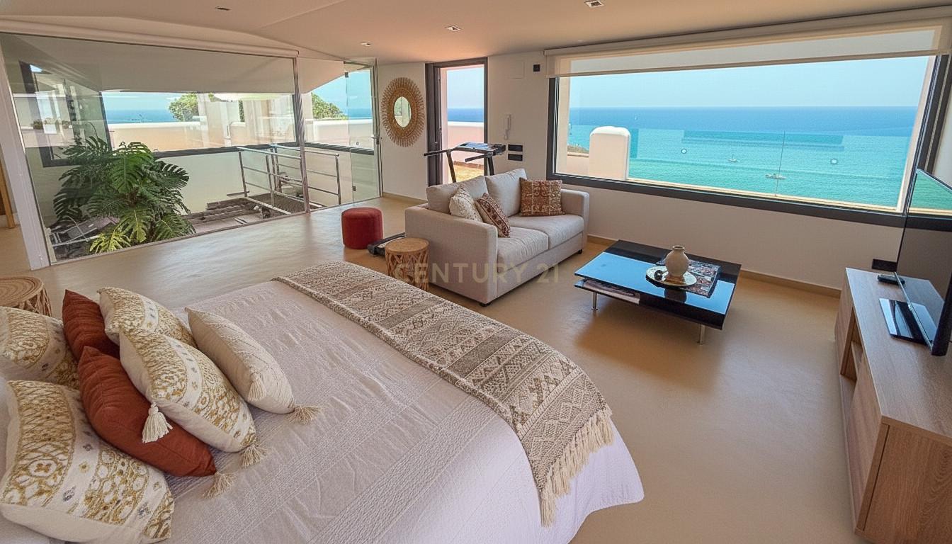 Principal suite of Villa Can Bonita with linen bedding, lounge corner and full-height windows onto the Mediterranean.